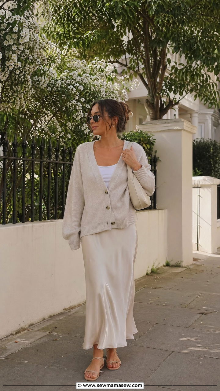 Soft Cardigan and Slip Skirt - 35 spring minimalist outfit ideas