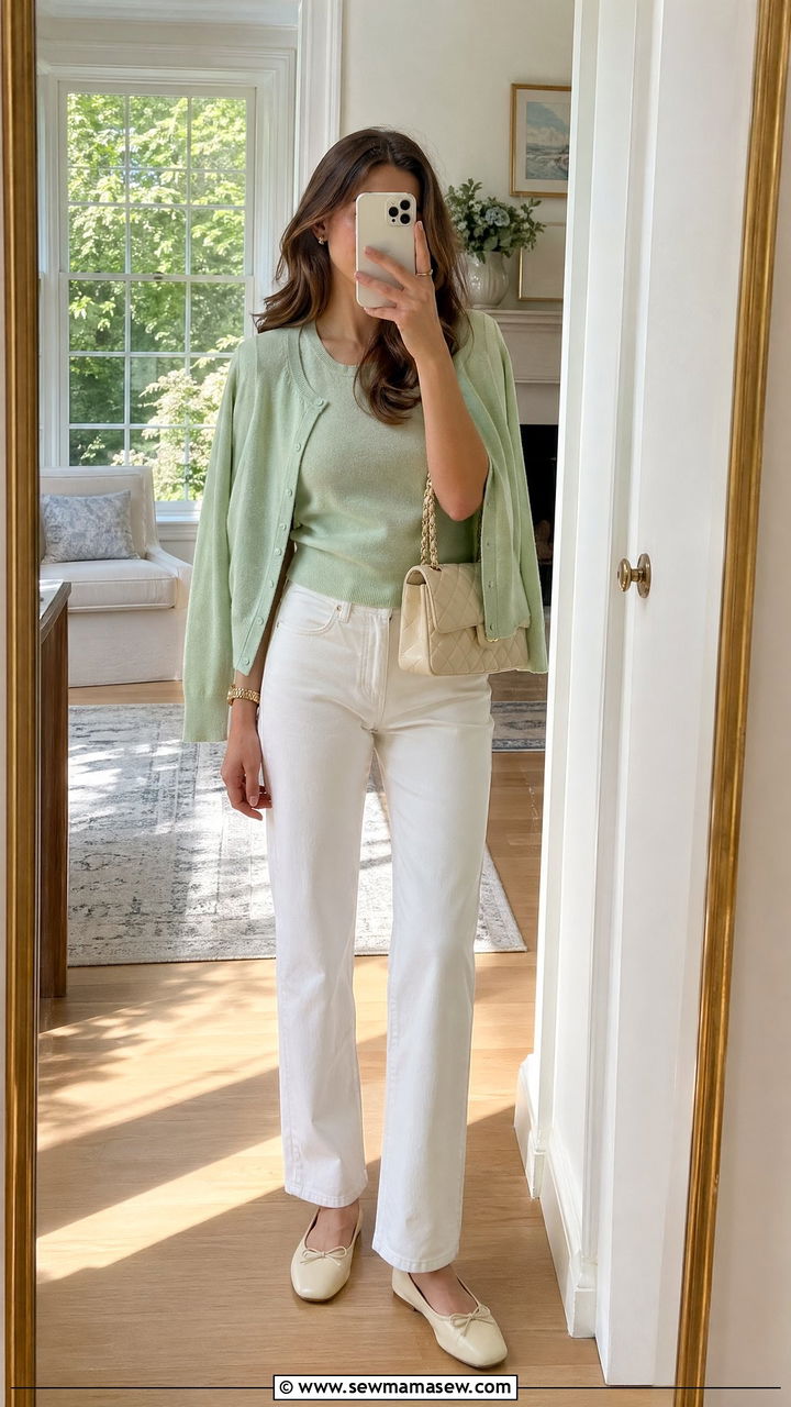 Soft Cashmere Twin Set with White Jeans - 35 spring old money outfit ideas