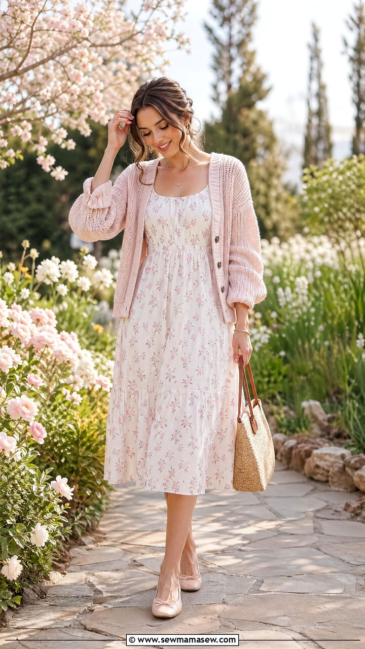 Soft Cotton Midi Dress With Cardigan - 35 spring soft girl outfit ideas