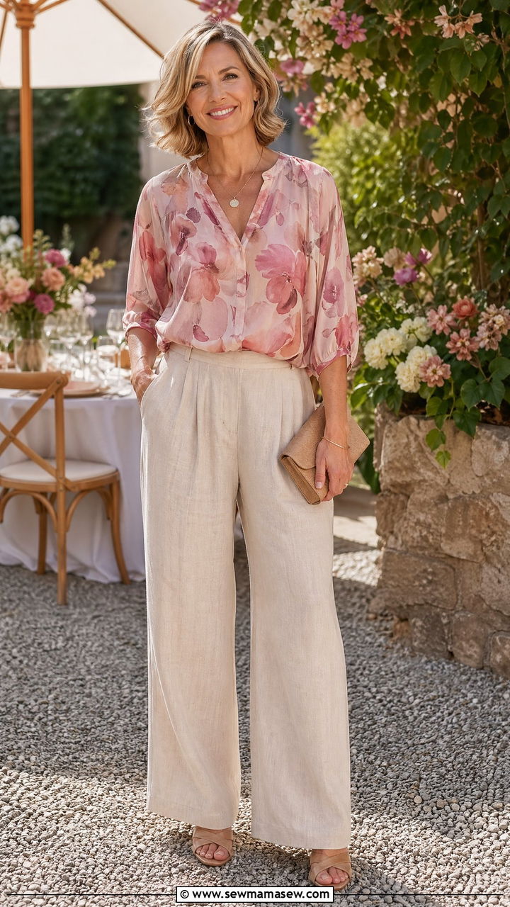 Soft Floral Blouse with Linen Trousers - 35 Summer outfits for women over 40