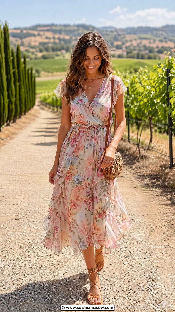 Soft Floral Chiffon Midi Dress for Garden Party - 35 chic wedding guest outfits for women