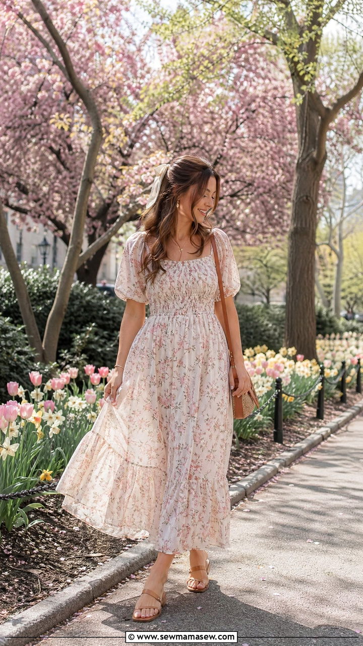 Soft Floral Maxi Dress With Flat Sandals - 35 spring soft girl outfit ideas
