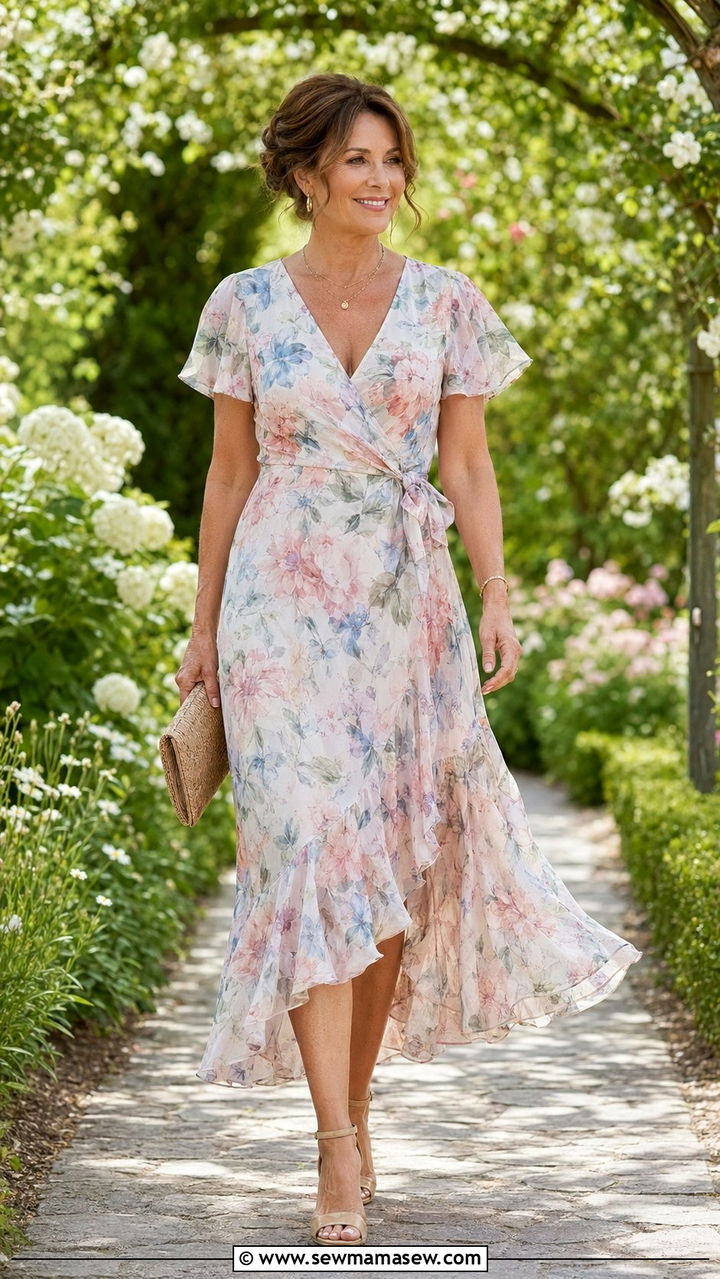 Soft Floral Wrap Dress With Flounce Hem - 35 Mother of the groom outfit ideas