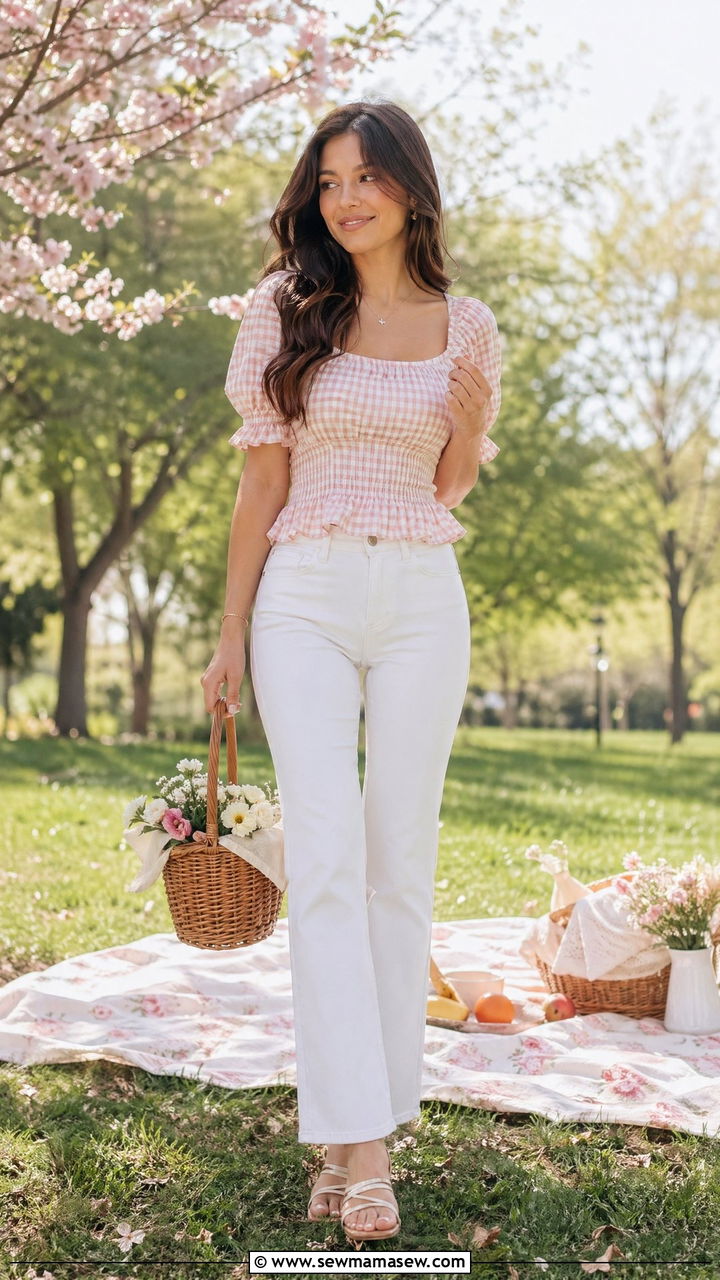 Soft Gingham Top With White Jeans - 35 spring soft girl outfit ideas
