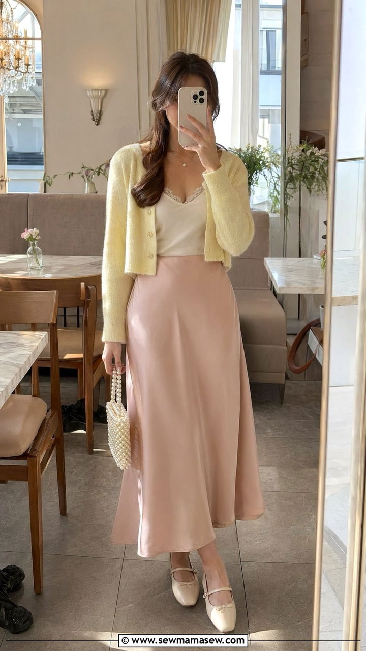 Soft Girl Pastel Cardigan With Satin Slip Skirt - 30 Aesthetic outfit ideas 2026