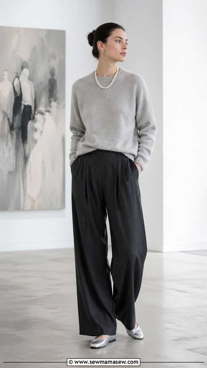 Soft Gray Monochrome Spring Outfit with Draped Trousers - 30 spring monochrome outfit ideas