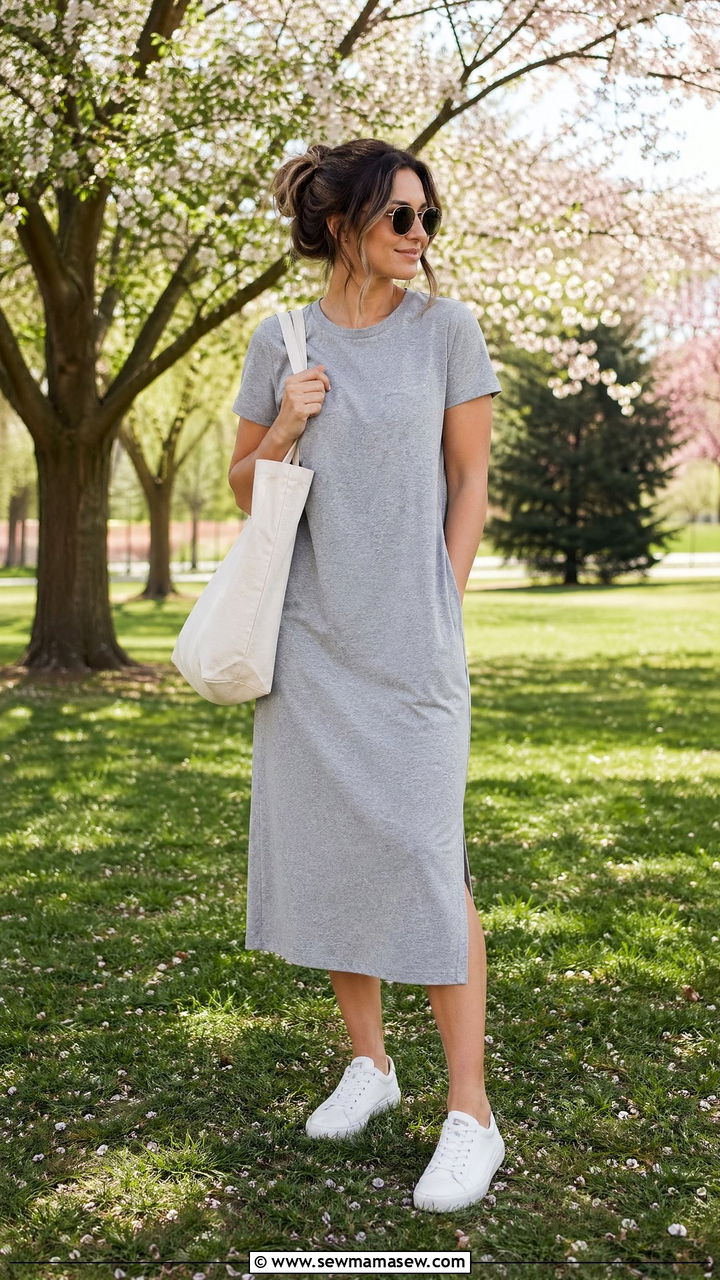 Soft Gray T Shirt Dress for Everyday Wear - 35 Spring outfits for stay at home moms