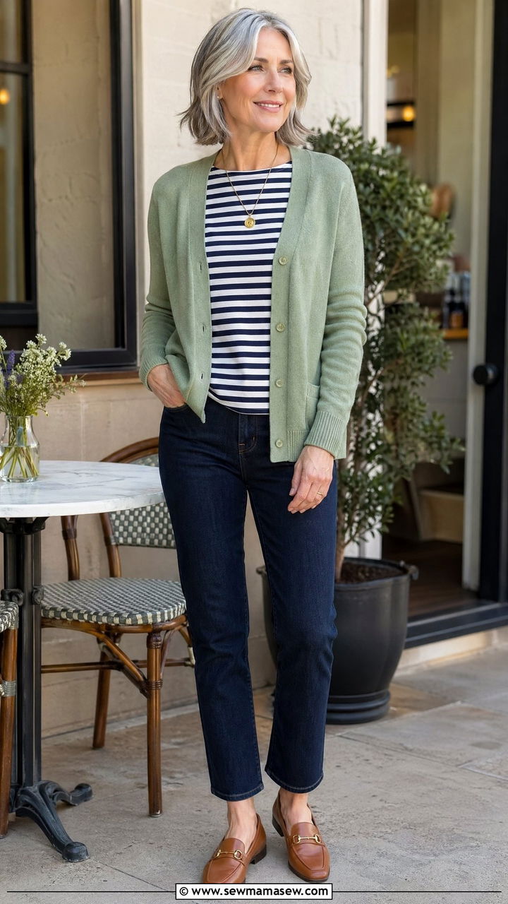 Soft Green Cardigan with Striped Top and Dark Denim - 35 What to wear in spring for women over 50