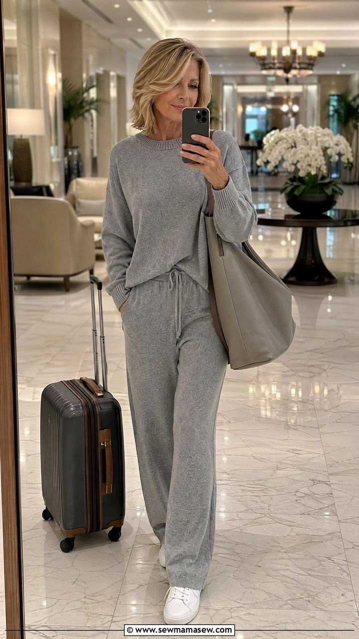 Soft Grey Knit Set with White Sneakers - 35 Classy outfits for mature women