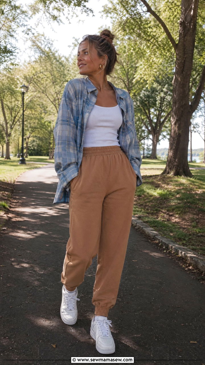 Soft Grunge Flannel and Caramel Joggers Outfit - 35 Y2K outfit ideas for women