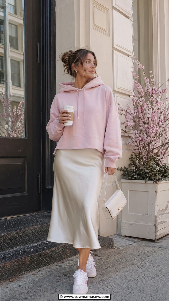 Soft Hoodie With Satin Midi Skirt - 35 spring soft girl outfit ideas