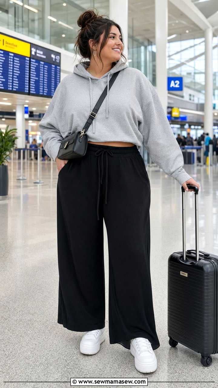 Soft Hoodie With Wide Leg Pants And Platform Sneakers - 30 Airport outfits plus size