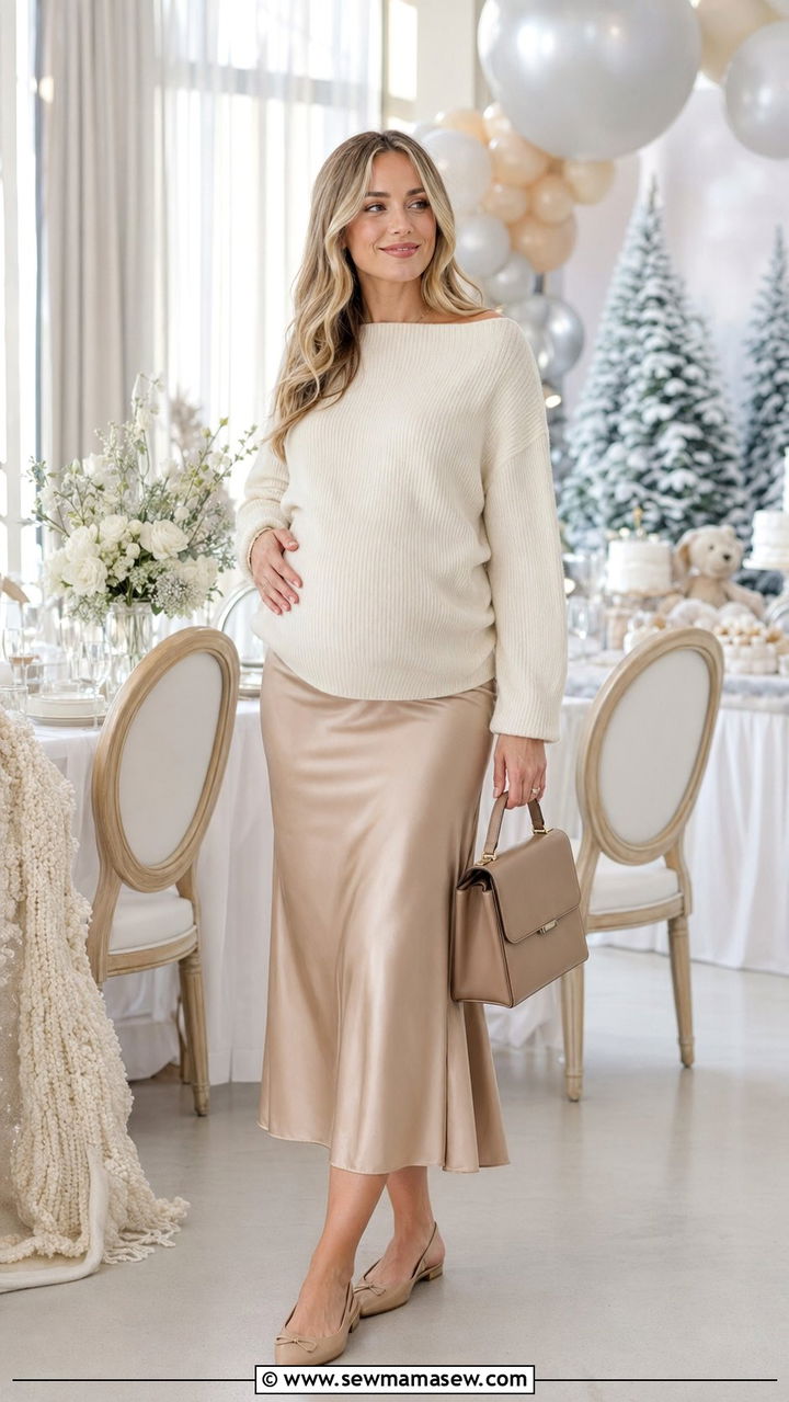Soft Knit Boatneck Sweater and Satin Midi Skirt - 30 Baby shower outfits for mom to be