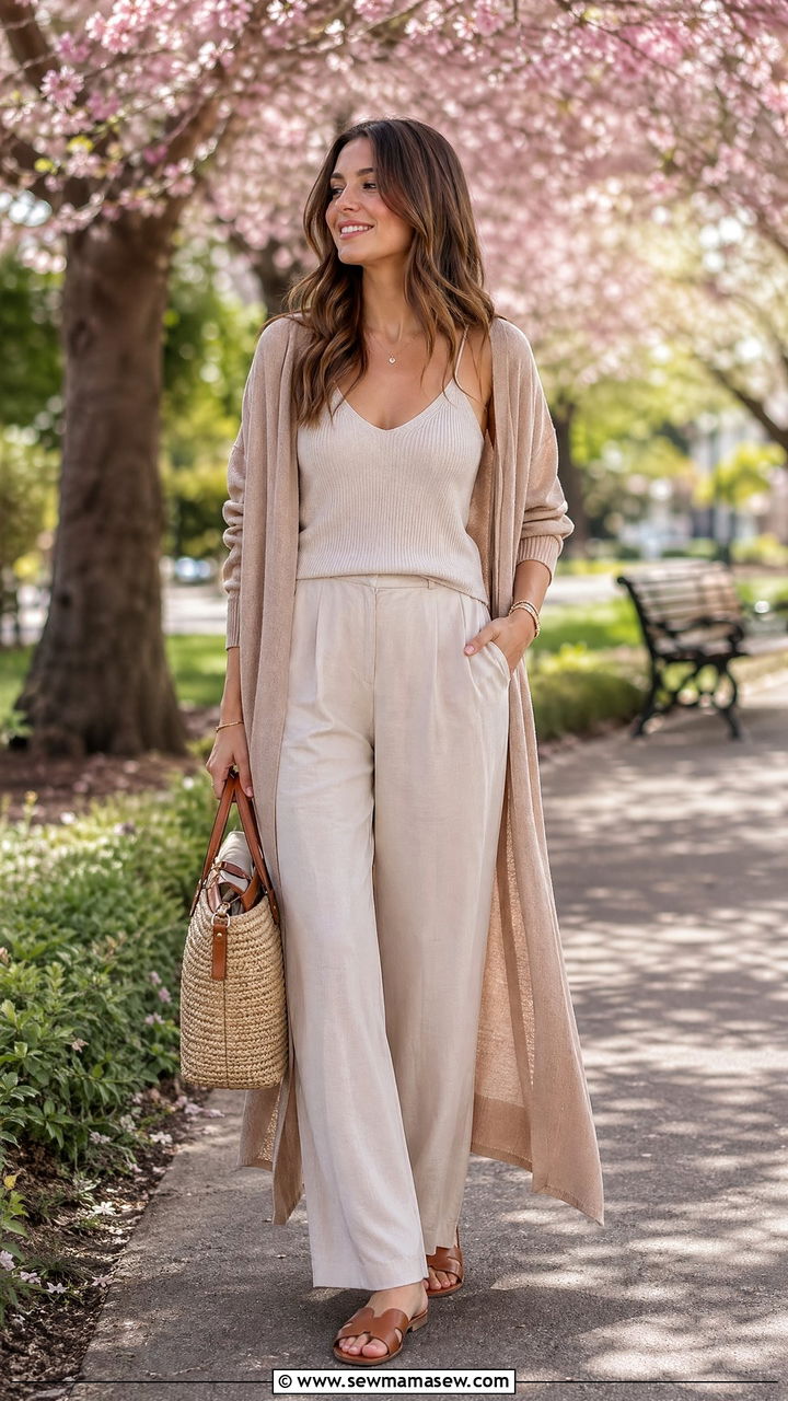Soft Knit Set With Long Cardigan - 35 Spring travel outfit ideas 2026