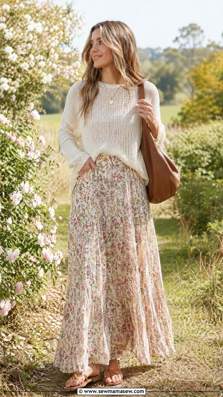 Soft Knit Sweater With Printed Maxi Skirt - 35 spring outfit ideas for women