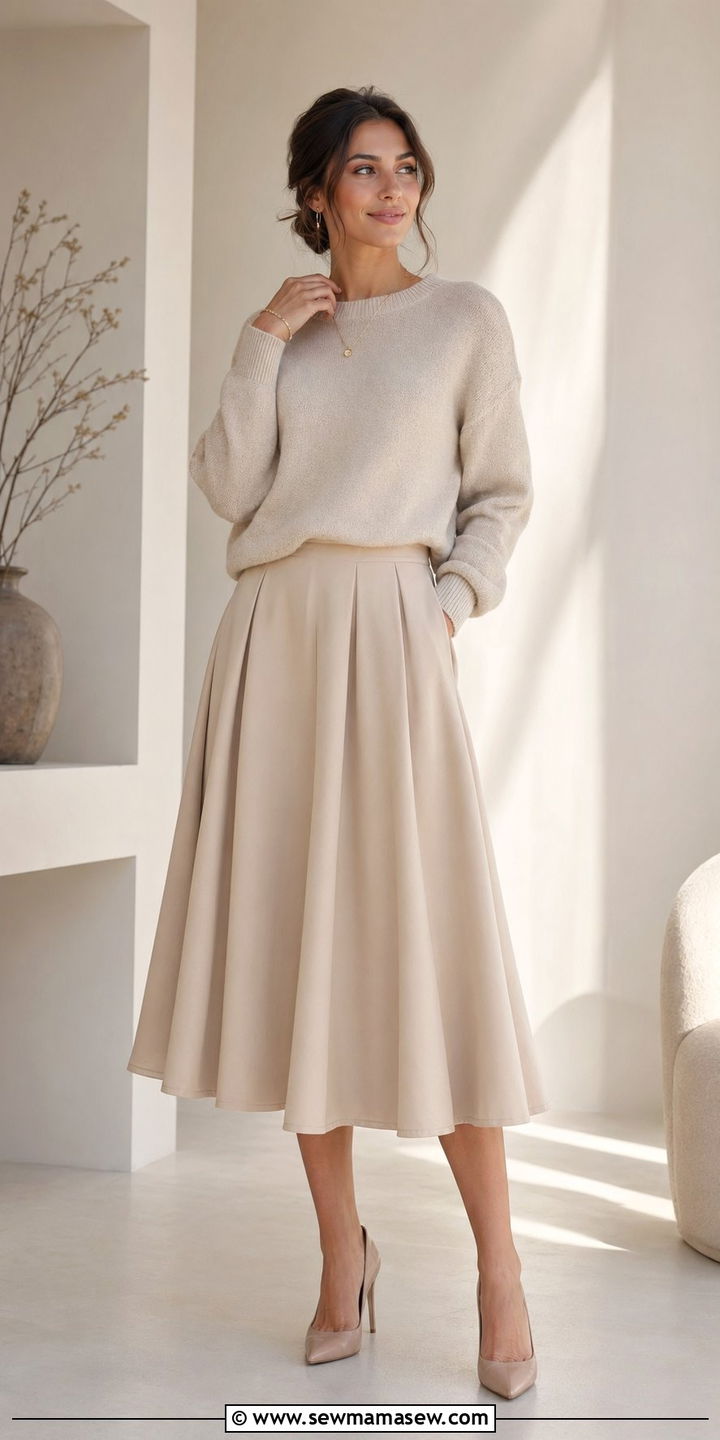 Soft Knit Sweater and Full Beige Skirt Modest Outfit - 35 modest classy outfits aesthetic