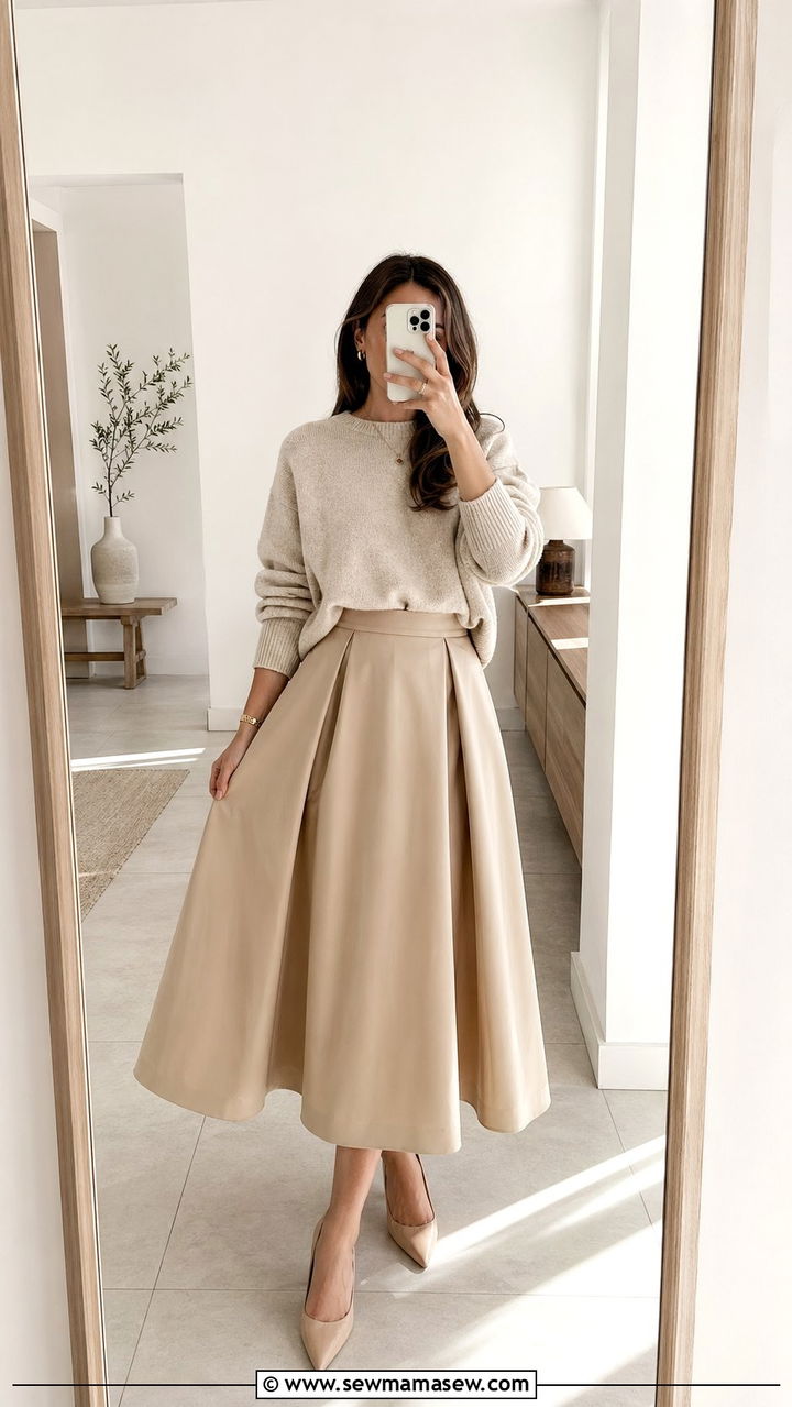 Soft Knit Sweater and Full Beige Skirt - 35 modest classy outfits