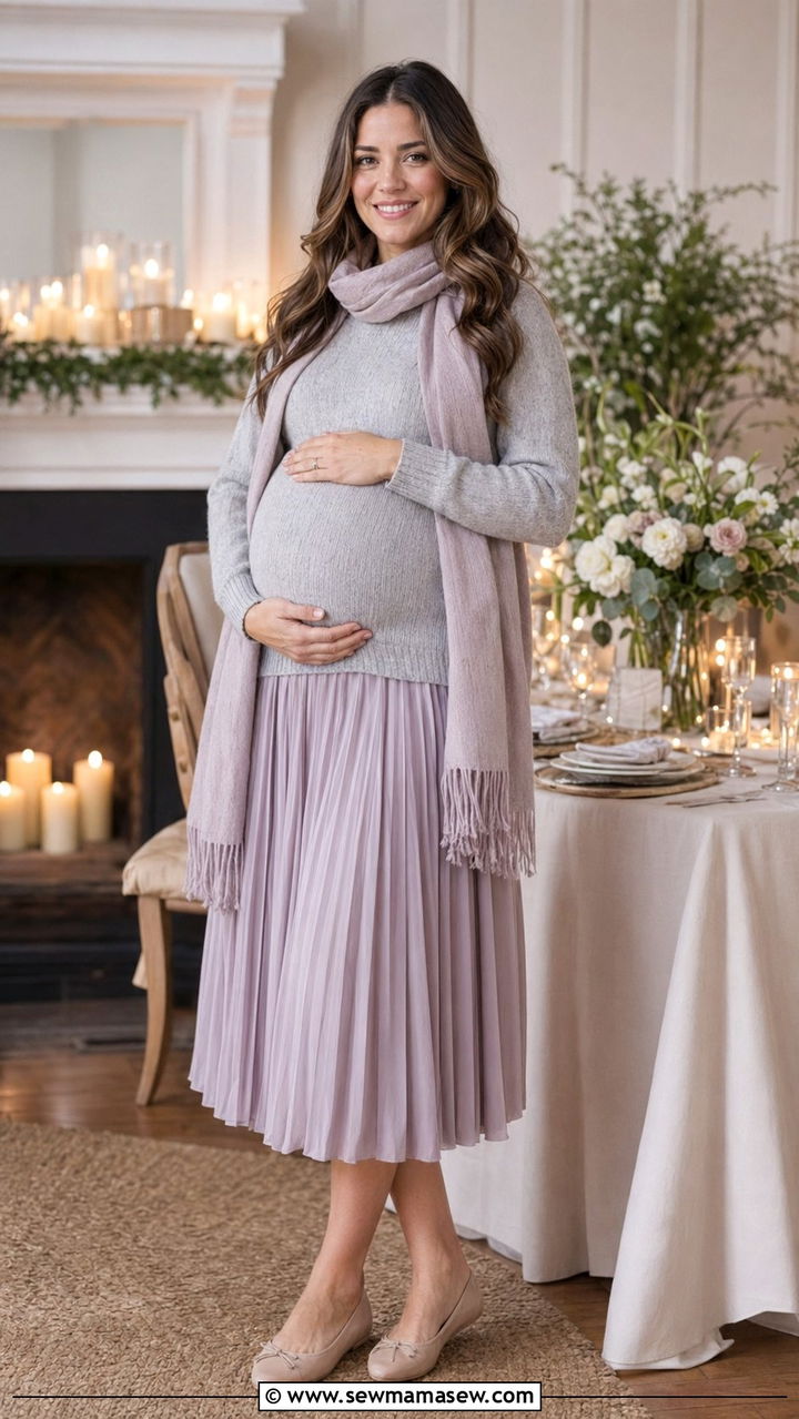 Soft Knit Sweater and Pleated Midi Skirt - 30 Baby shower outfits for mom to be