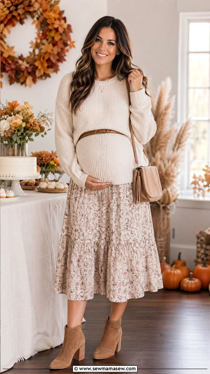 Soft Knit Sweater with Midi Skirt and Ankle Boots - 35 cute baby shower outfits