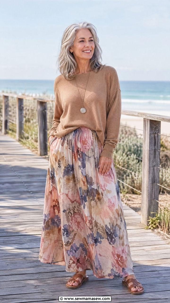Soft Knit Sweater with Printed Maxi Skirt and Flat Sandals - 35 Spring capsule wardrobe for women over 50