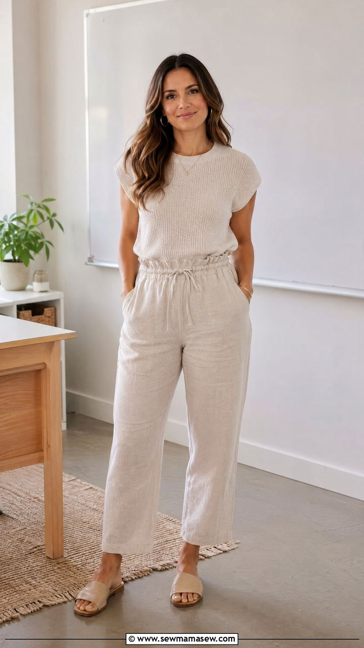Soft Knit Tee with Paperbag Waist Linen Trousers - 35 Summer teacher outfits
