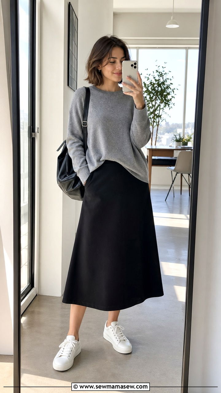 Soft Knit Top And Dark Midi Skirt - 30 Spring capsule wardrobe modest