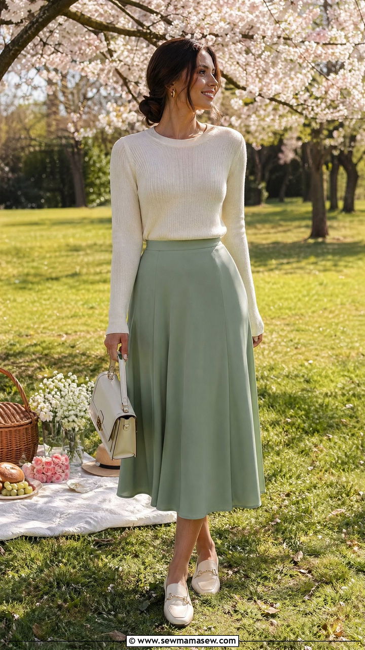 Soft Knit Top with Midi Skirt - 35 Spring picnic outfit ideas