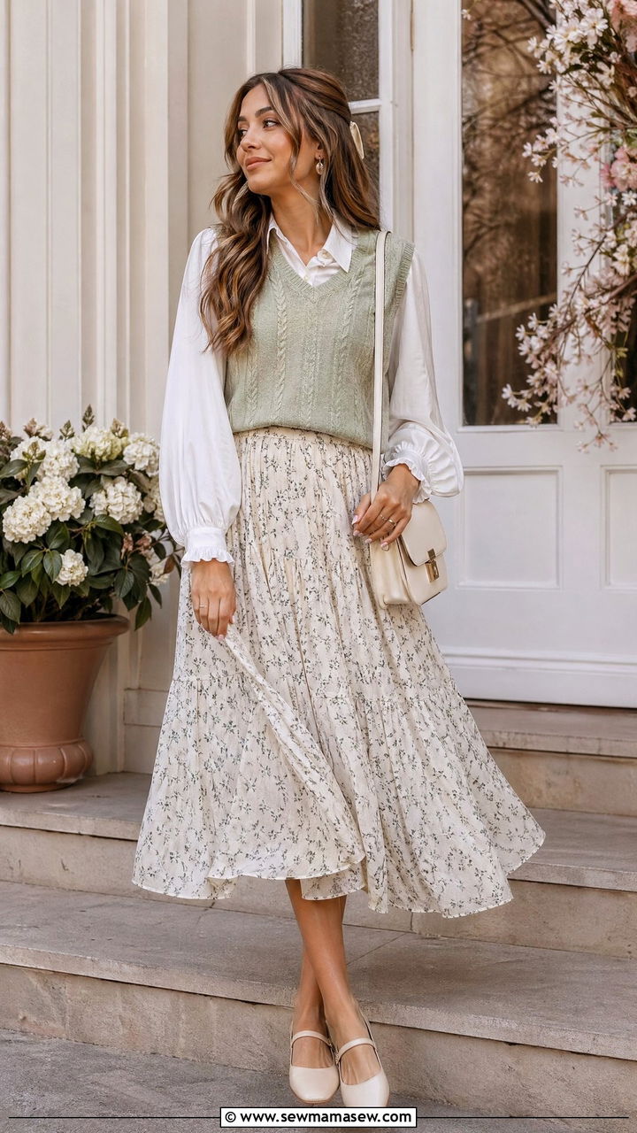 Soft Knit Vest With Flowing Midi Skirt - 35 spring soft girl outfit ideas