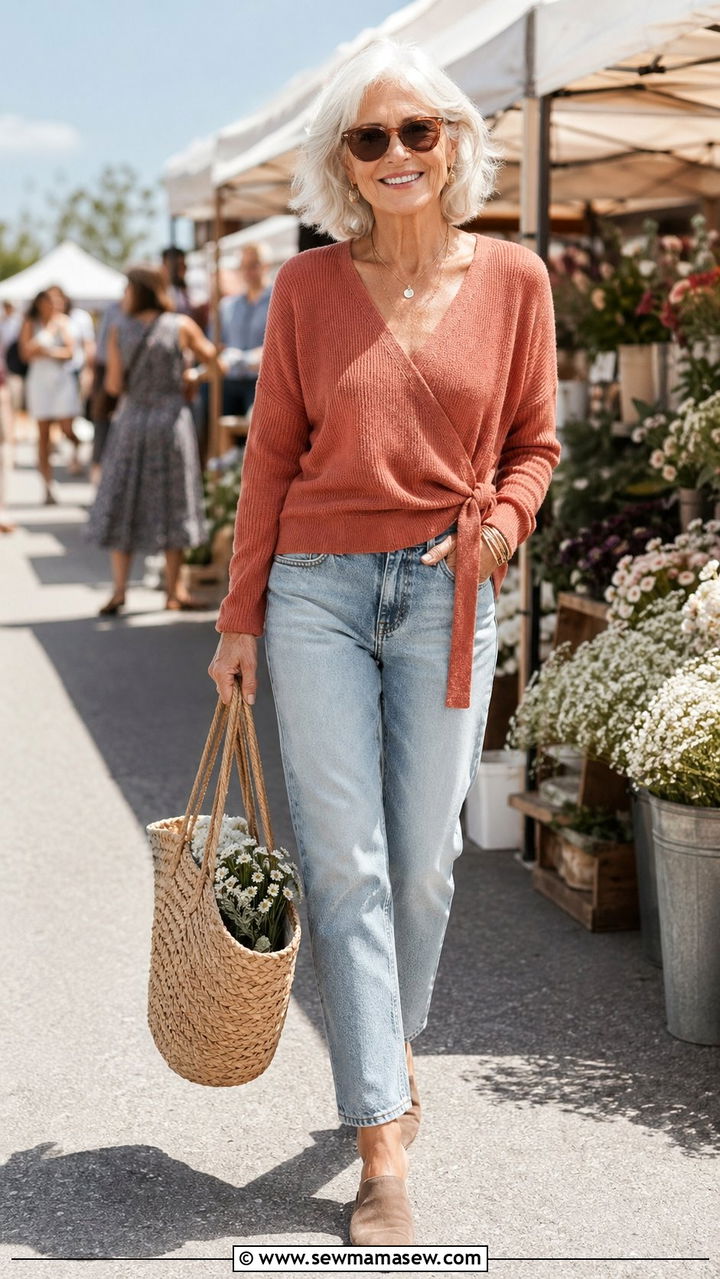 Soft Knit Wrap Top with Light Wash Straight Leg Jeans - 35 Outfit ideas for women over 70 2026