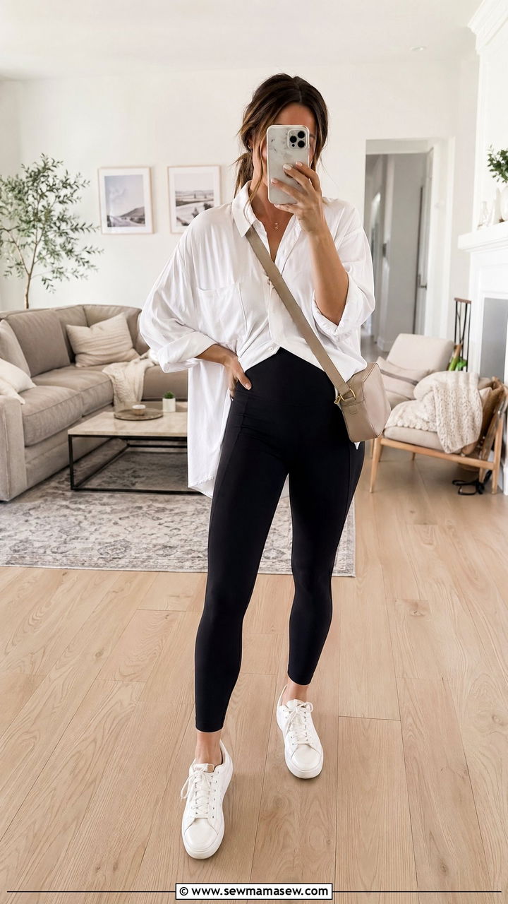 Soft Leggings and Oversized Button Up Shirt Outfit - 35 casual outfits for new moms
