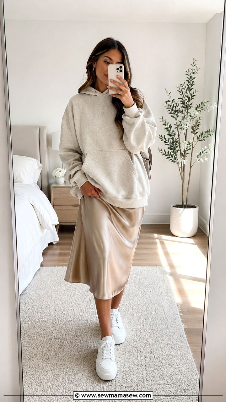 Soft Neutral Hoodie With Satin Midi Skirt - 30 Soft girl spring outfits