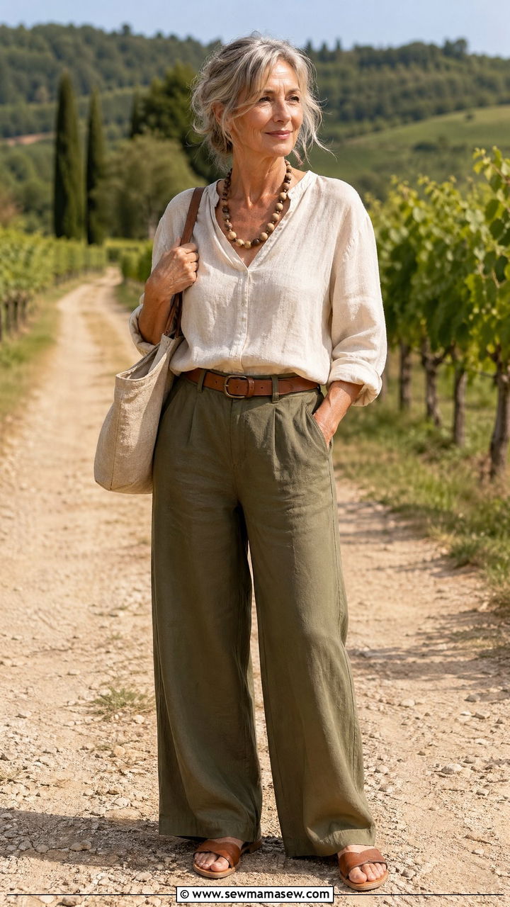 Soft Neutral Linen Blouse with Olive Wide Leg Trousers - 35 Vacation outfit ideas for women over 50