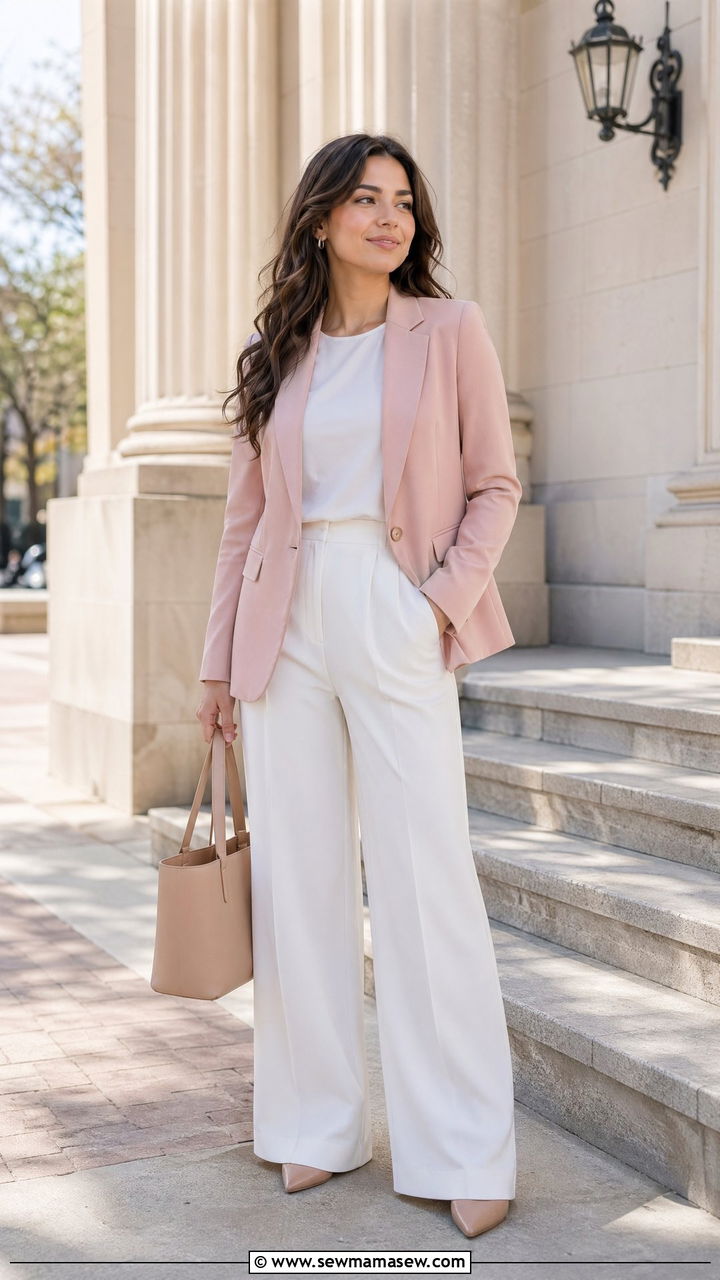 Soft Pastel Blazer With White Wide Leg Trousers - 35 Court reporter outfit ideas