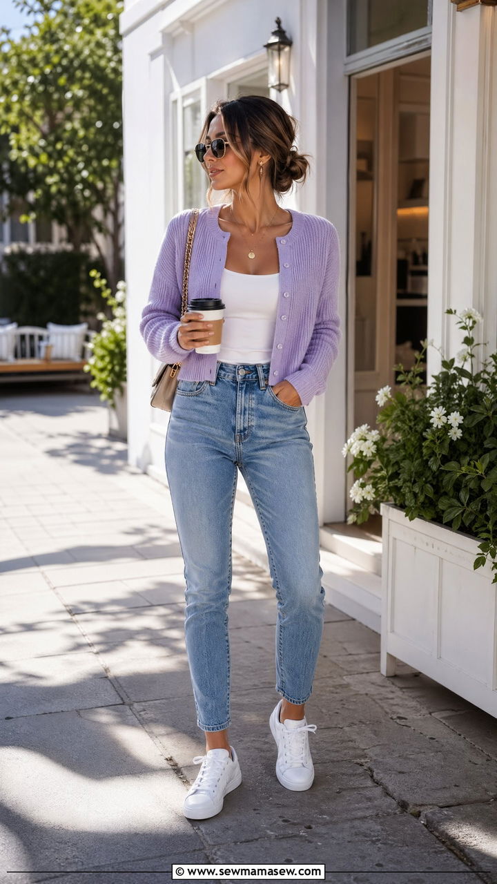 Soft Pastel Cardigan With High Rise Jeans - 35 spring quiet luxury outfit ideas