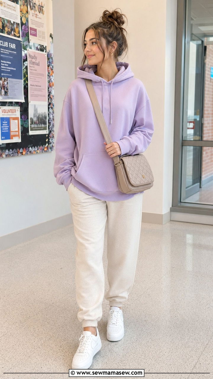 Soft Pastel Hoodie With Joggers - 30 Back to school outfit ideas modest 2026