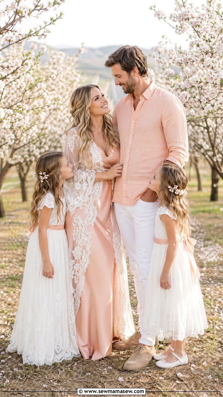Soft Peach and White Spring Family Photo Look - 35 spring family photoshoot outfit ideas