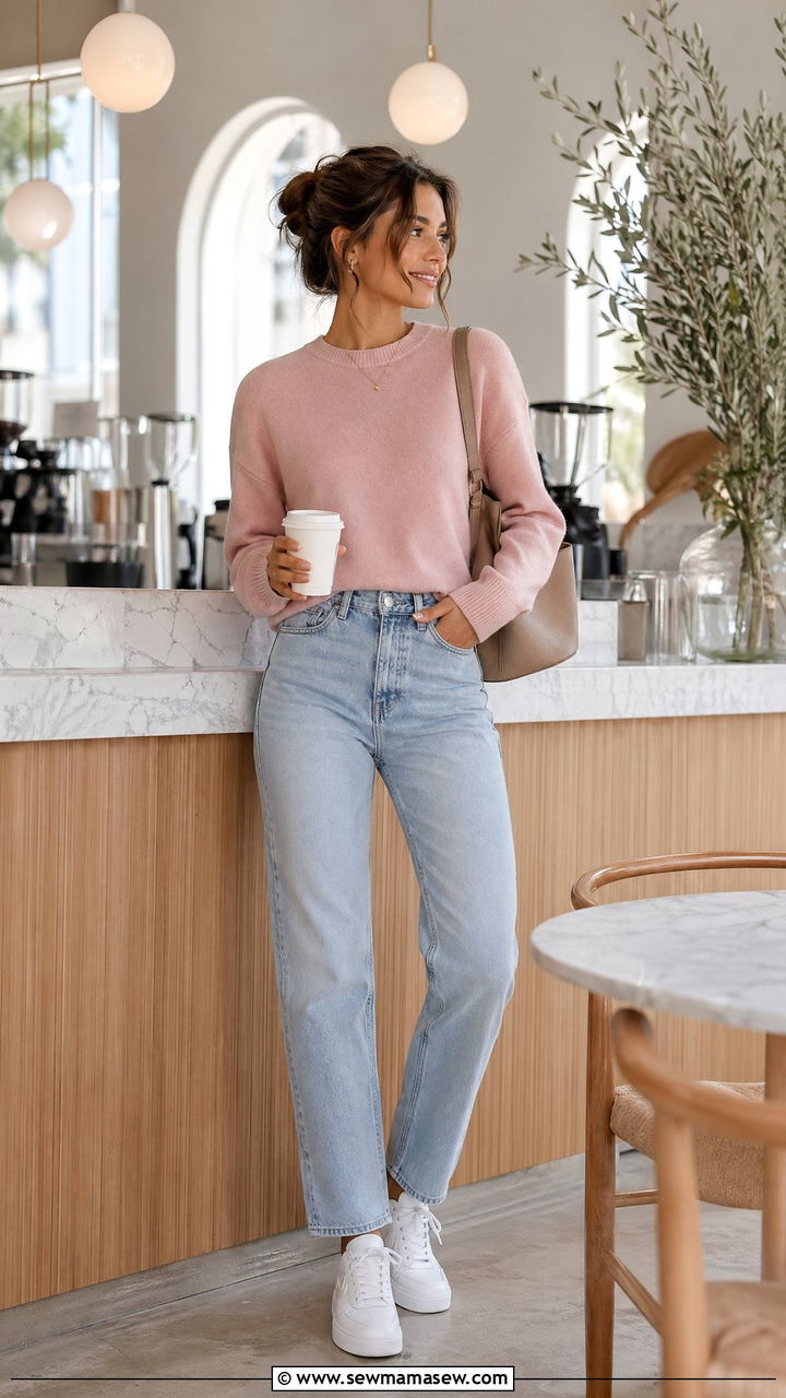 Soft Pink Cashmere Sweater With Light Wash Straight Leg Jeans and White Sneakers - 35 Clean girl casual outfit ideas