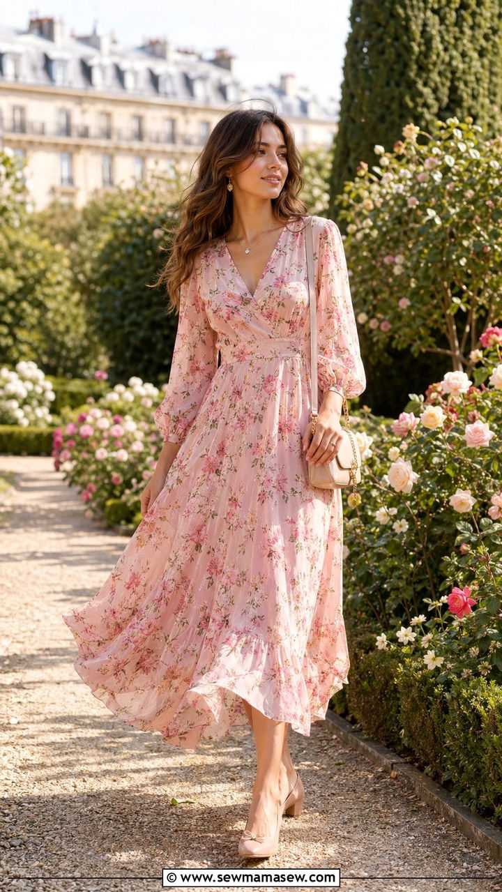 Soft Pink Floral Midi Dress With Low Heels - 35 Parisian outfits 2026