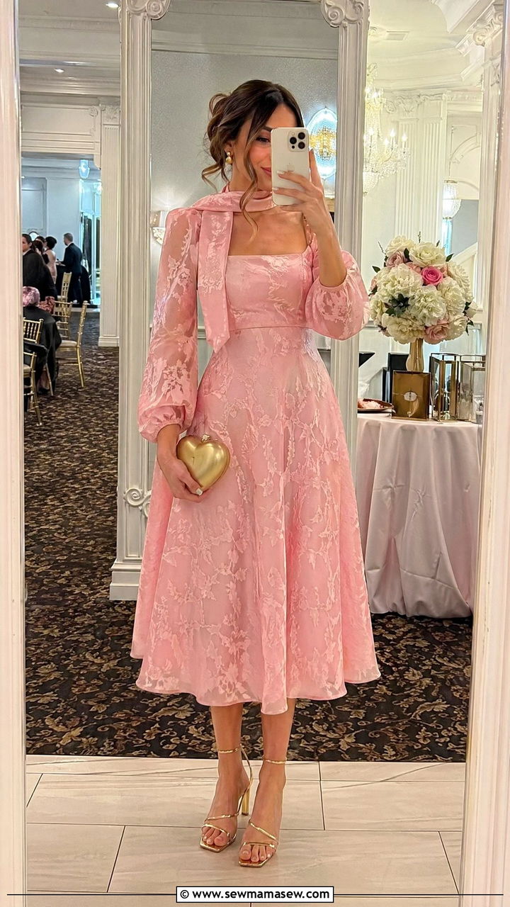 Soft Pink Jacquard Midi Dress with Gold Heart Clutch - 35 spring wedding guest outfit ideas for women
