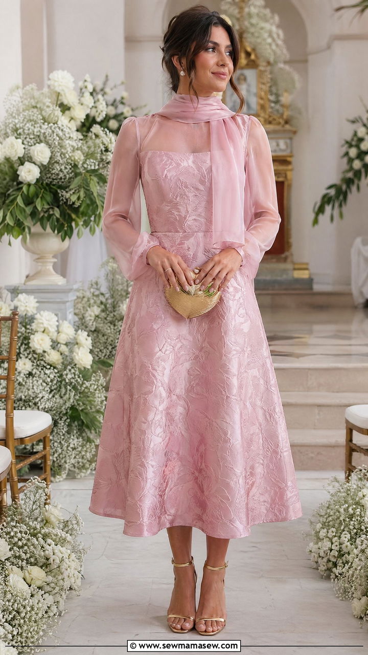 Soft Pink Jacquard Midi Dress with Heart Clutch - 35 What to wear to a spring wedding