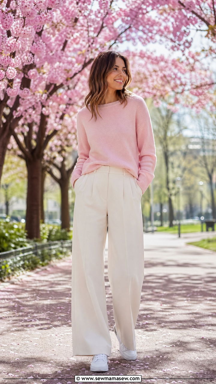 Soft Pink Knit Layered Over Wide Leg Ivory Trousers - 35 Spring London outfit ideas