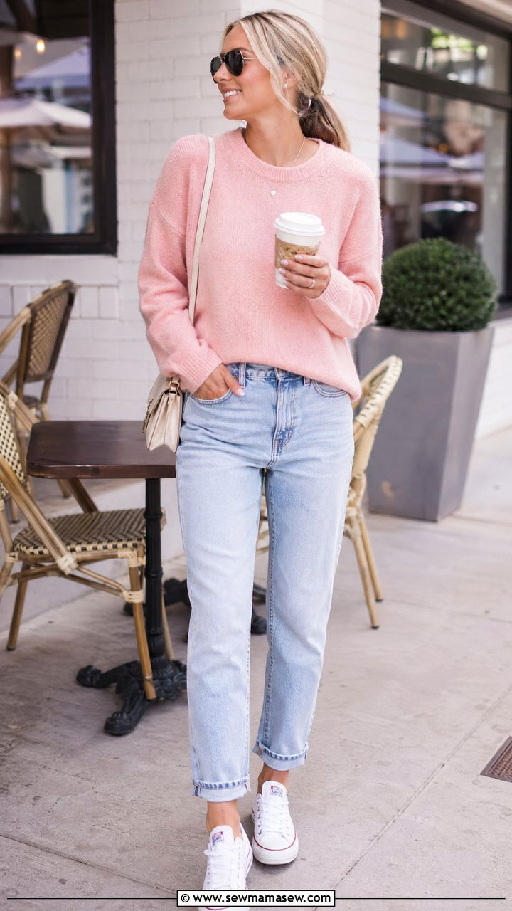 Soft Pink Sweater and Light Denim Outfit Spring - 35 spring minimalist outfits