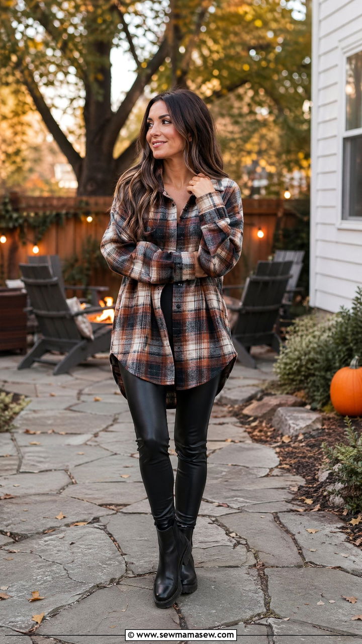 Soft Plaid Shirt with Faux Leather Leggings and Boots - 35 casual outfits for petite women