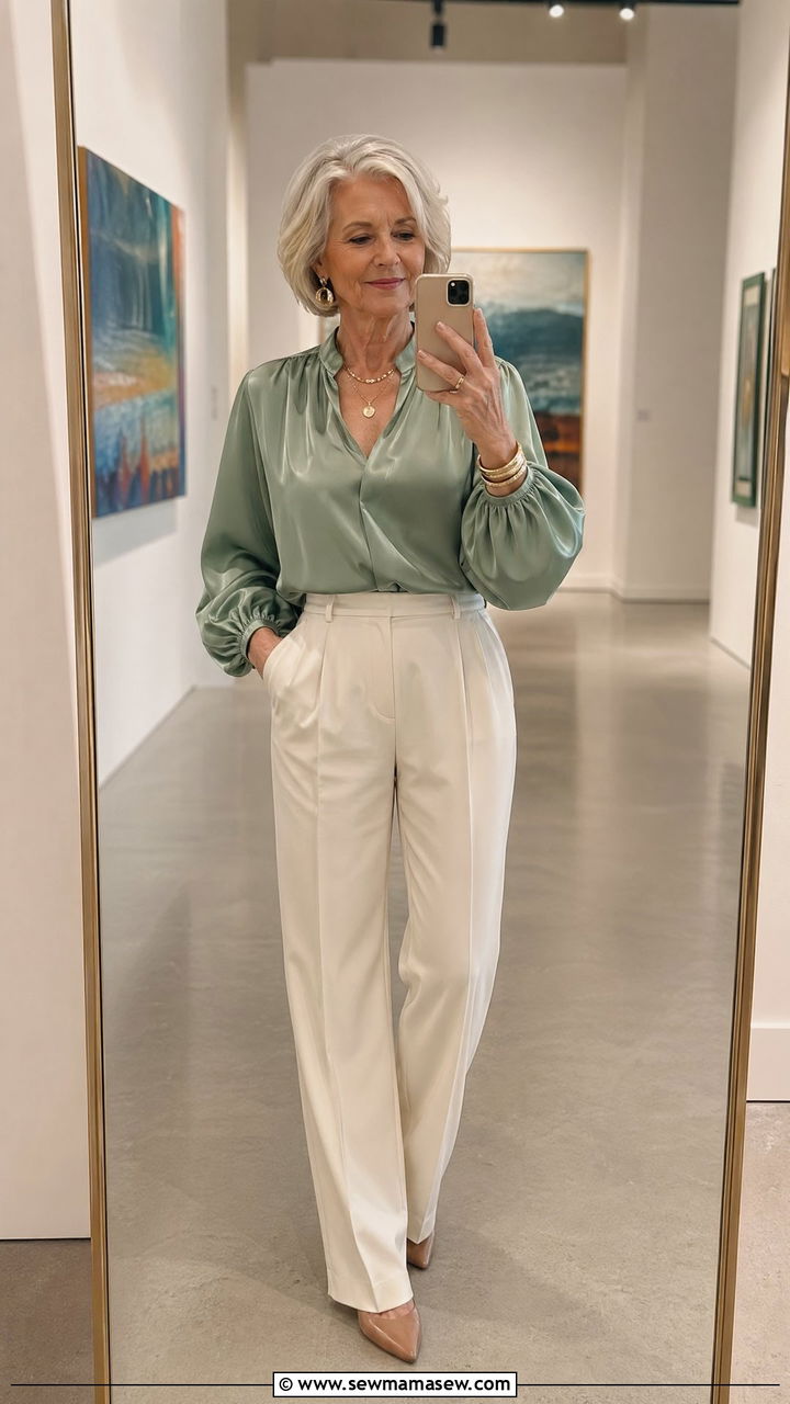 Soft Sage Blouse With Cream Trousers - 35 Spring outfits for women over 60