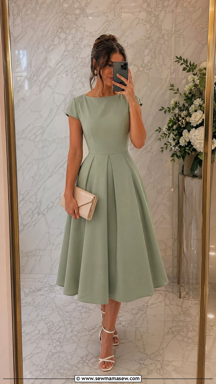 Soft Sage Fit and Flare Midi Dress with White Strappy Sandals - 35 chic wedding guest outfits for women