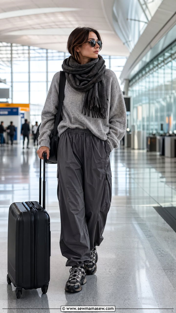 Soft Sweater With Parachute Pants And Trail Sneakers - 40 Airport outfits for women