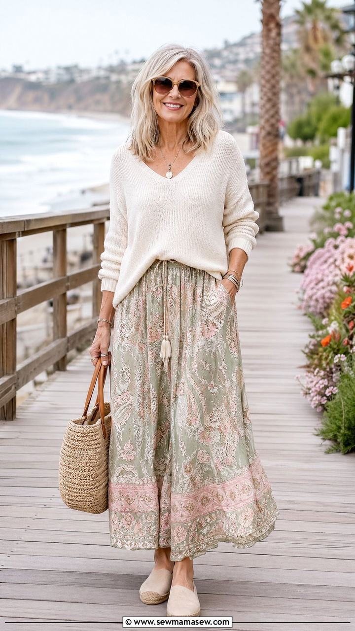 Soft Sweater with Printed Maxi Skirt - 35 spring outfit ideas for women over 50