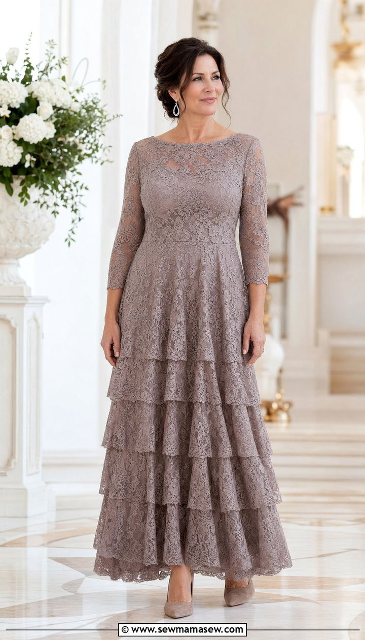Soft Taupe Lace Dress With Tiered Ruffles - 30 Wedding guest outfits for mom