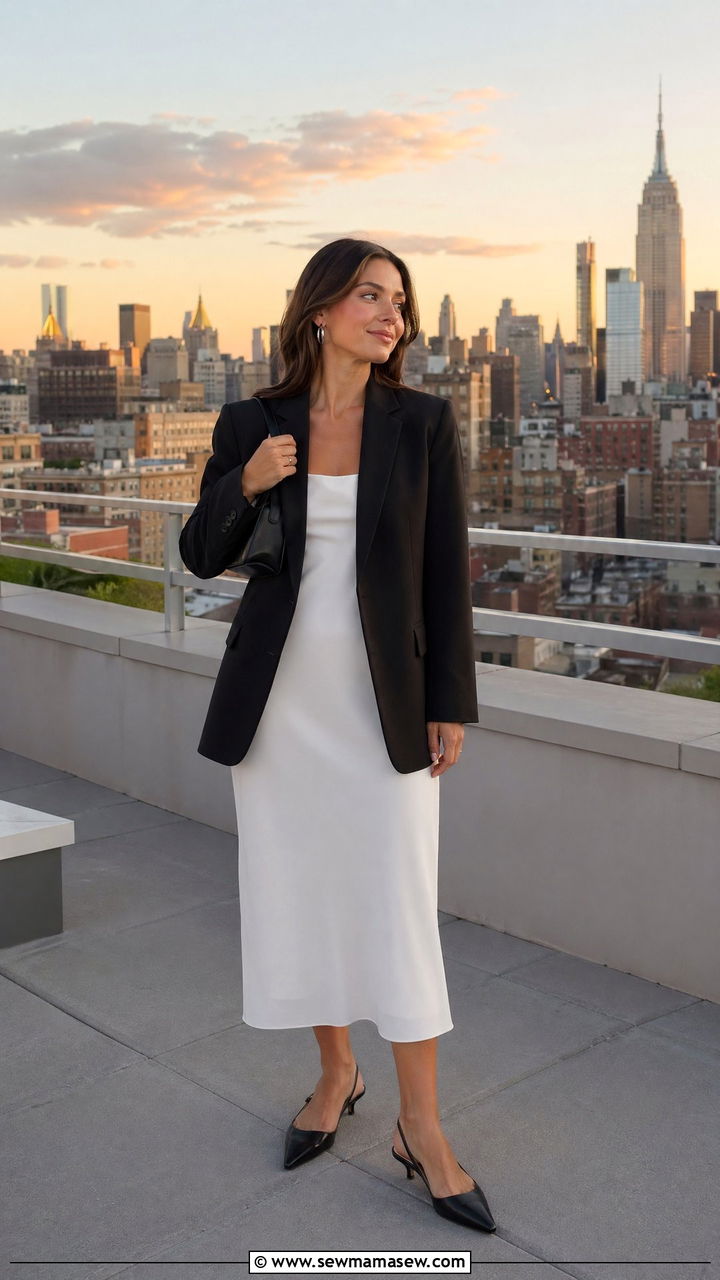 Soft White Dress With Black Blazer And Slingbacks - 35 Spring New York outfit ideas