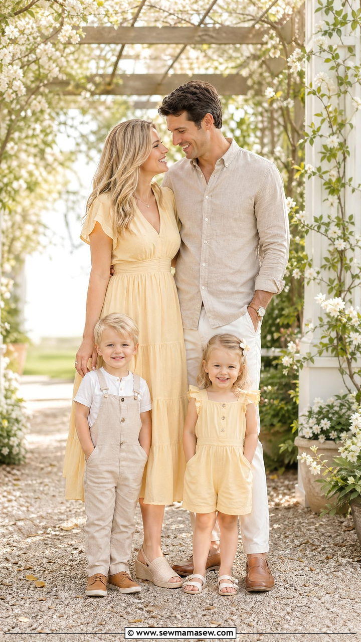 Soft Yellow and Beige Spring Family Look - 35 spring family photo outfit ideas